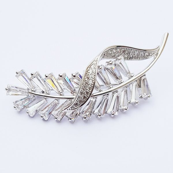 Crystal & Silver Feather Brooch - BR01S