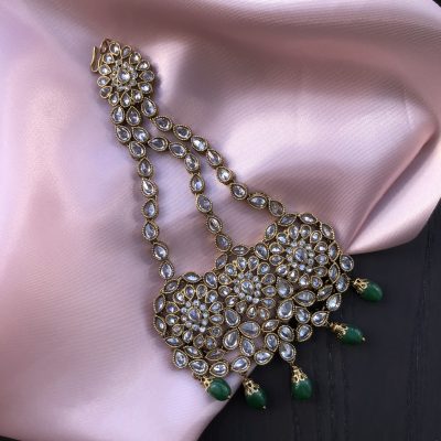 Gold Jhummar with Clear Crystals and Green Pear Drops