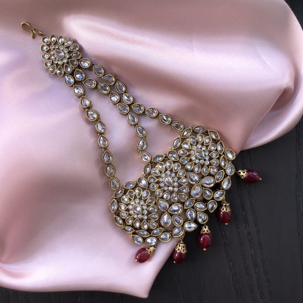 Gold Jhummar with Clear Crystals and Red Pear Drop Beads